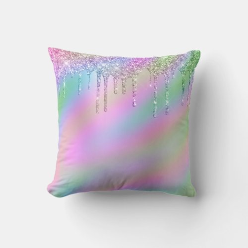Elegant stylish colorful holographic glitter drips throw pillow