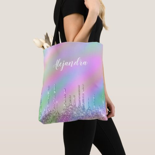 Elegant stylish colorful holographic glitter drips tote bag
