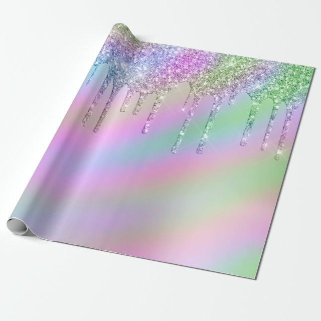 Elegant stylish colorful holographic glitter drips wrapping paper (Unrolled)