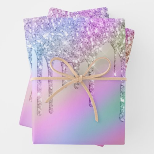Elegant stylish colorful holographic glitter drips wrapping paper sheets