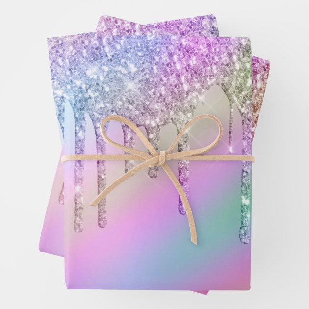 Elegant stylish colorful holographic glitter drips wrapping paper
