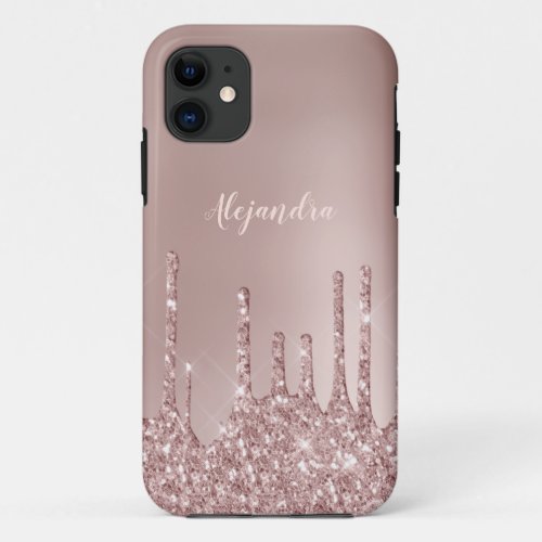 Elegant stylish copper rose gold glitter drips iPhone 11 case
