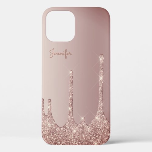 Elegant stylish copper rose gold glitter drips iPhone 12 case