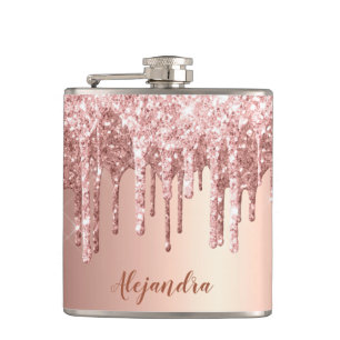 Elegant stylish copper rose gold glitter drips flask