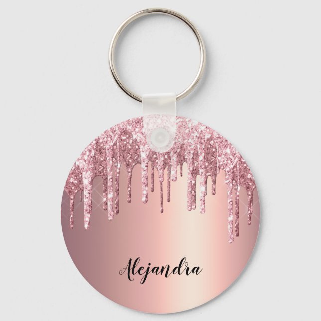Elegant stylish copper rose gold glitter drips keychain (Front)