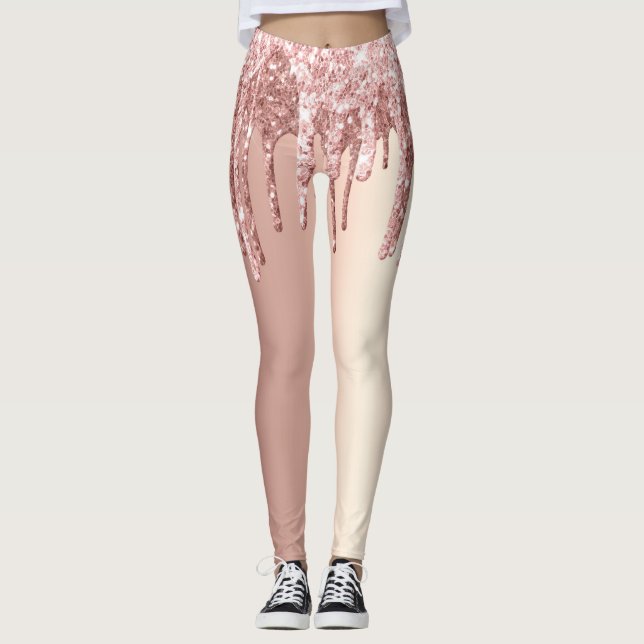Elegant stylish copper rose gold glitter drips leggings (Front)