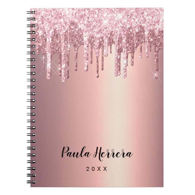 Elegant stylish copper rose gold glitter drips notebook (Front)