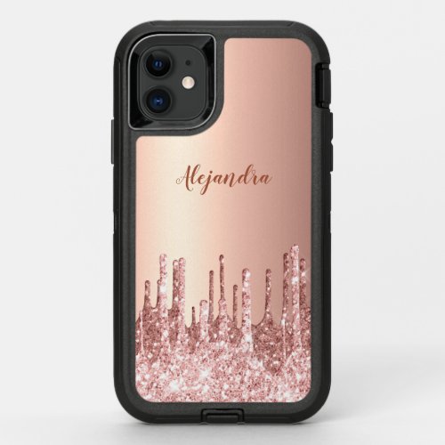 Elegant stylish copper rose gold glitter drips OtterBox defender iPhone 11 case