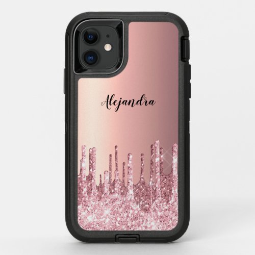 Elegant stylish copper rose gold glitter drips OtterBox defender iPhone 11 case