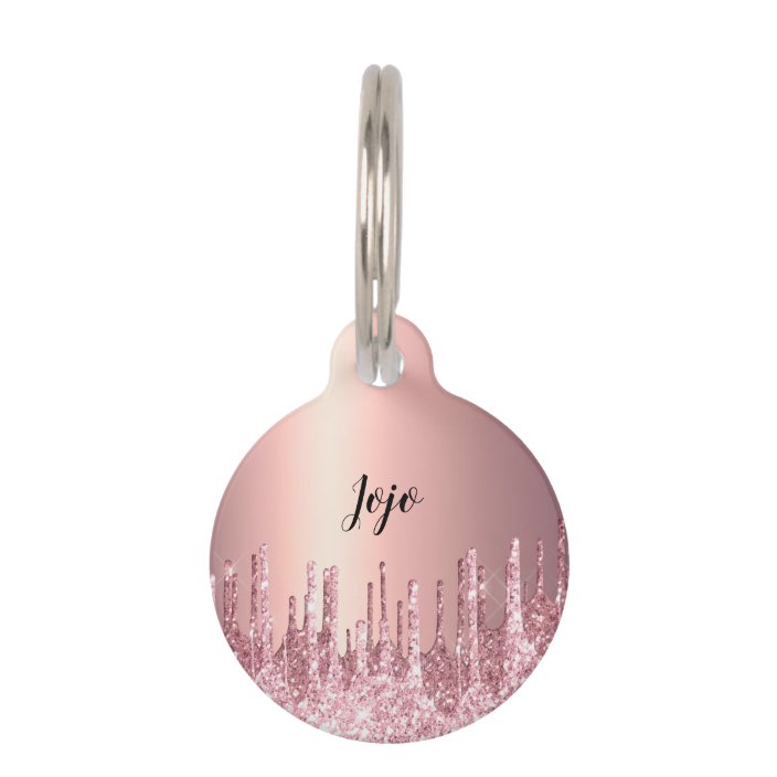 Elegant stylish copper rose gold glitter drips pet ID tag