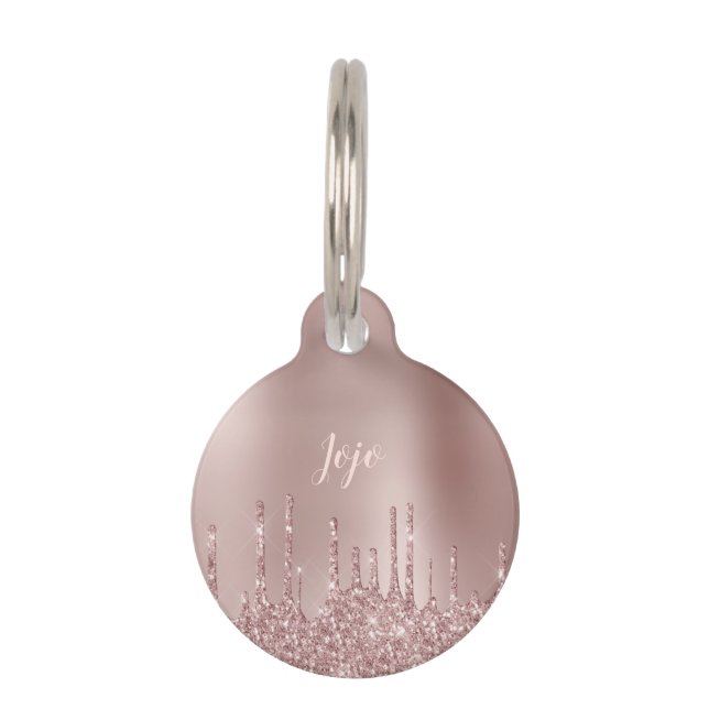 Elegant stylish copper rose gold glitter drips pet ID tag (Front)
