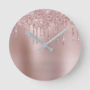 Elegant stylish copper rose gold glitter drips round clock