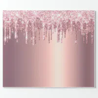 Rose gold glitter drips pink sparkle glam girly wrapping paper, Zazzle