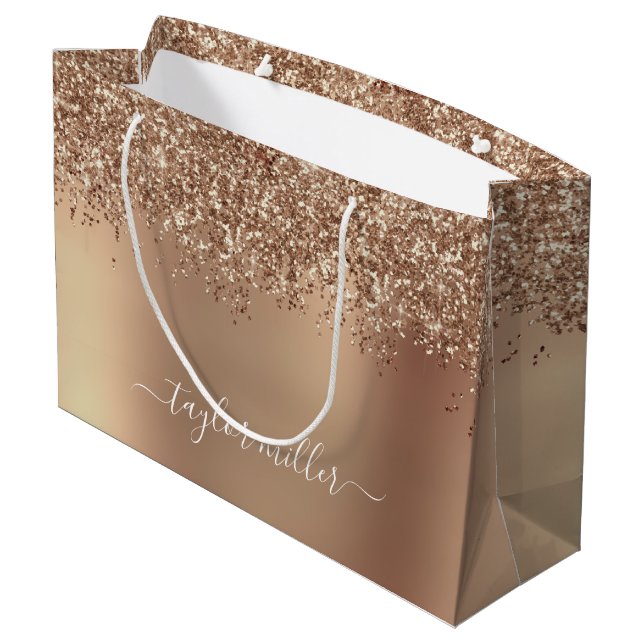 Elegant stylish copper rose gold glitter  large gift bag (Back Angled)