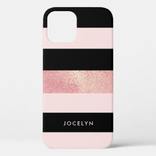 Elegant stylish copper rose gold pink black stripe iPhone 12 pro case