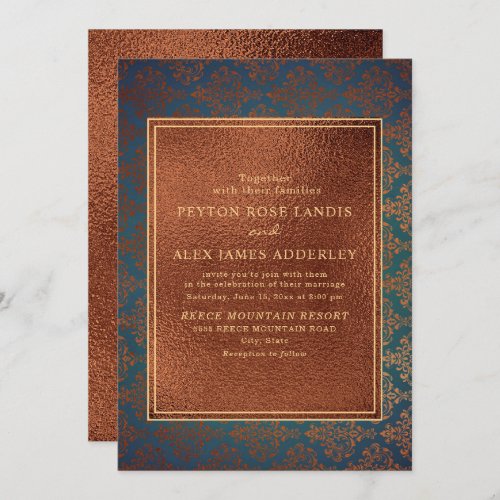 Elegant Stylish Copper Teal Damask Wedding Invite