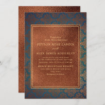 Elegant Stylish Copper Teal Damask Wedding Invite