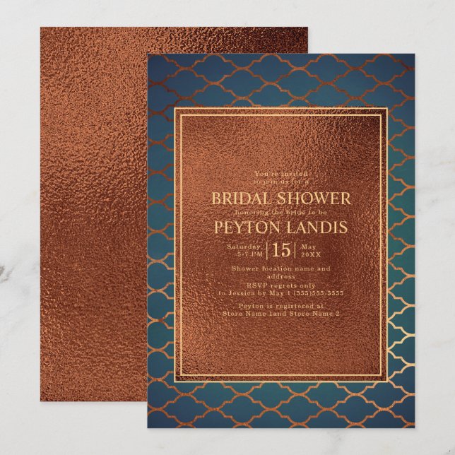 Elegant Stylish Copper Teal Gold Bridal Shower Invitation (Front/Back)