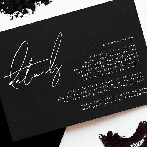 Elegant Stylish Custom Black White Wedding Details Enclosure Card