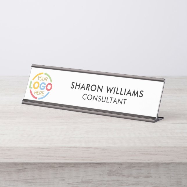 Elegant Stylish Custom Business Logo Black White Desk Name Plate (Front)
