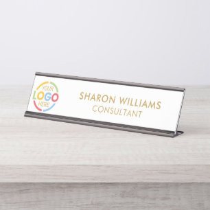 Elegant Stylish Custom Business Logo White & Gold Desk Name Plate