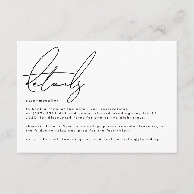 Elegant Stylish Custom White Black Wedding Details Enclosure Card (Front)