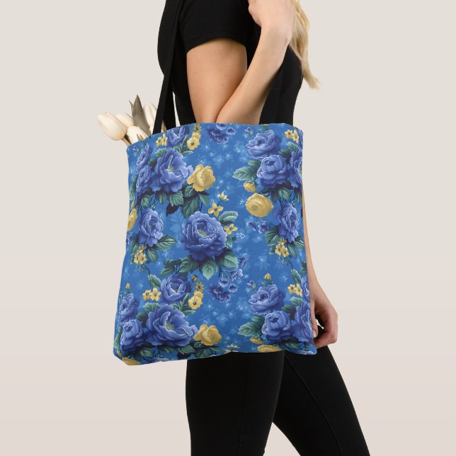 Elegant Stylish Cute Blue Botanical Floral Tote Bag (Close Up)