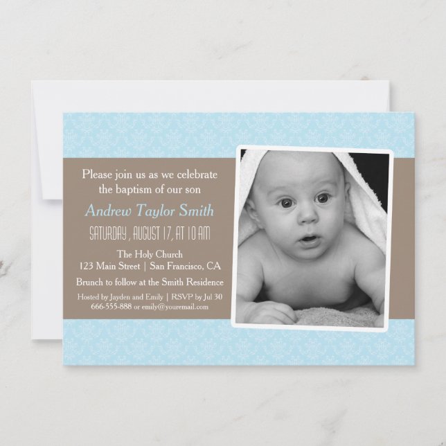 Elegant Stylish Damask Photo Baptism Invitations (Front)