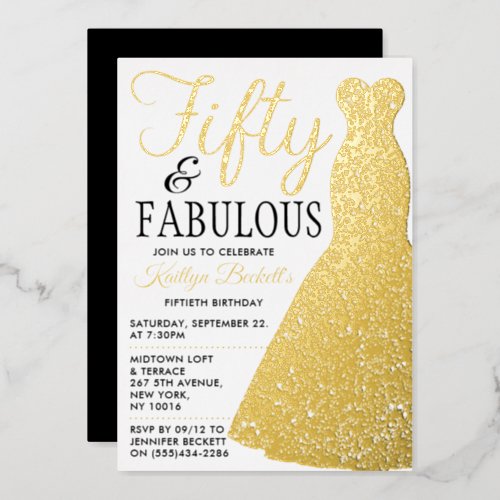 Elegant Stylish Dress  Fifty  Fabulous Birthday Foil Invitation