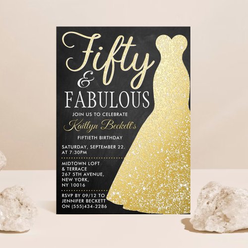 Elegant Stylish Dress  Fifty  Fabulous Birthday Foil Invitation