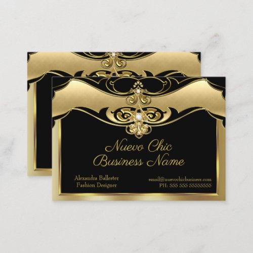 Elegant Stylish Fashion Beige Gold Gems Black Business Card