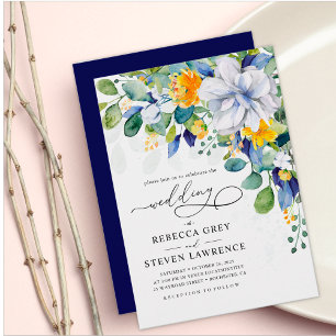 Elegant stylish floral yellow white blue wedding  invitation