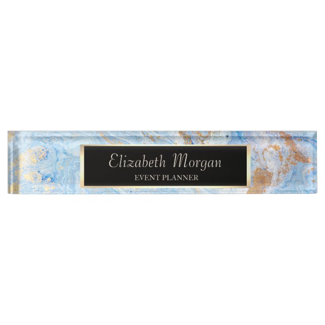 Elegant Stylish Geometric Blue Gold Marble, Frame Desk Name Plate (Front)