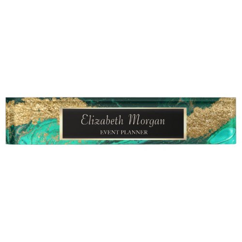 Elegant Stylish Geometric Green Gold Marble Frame Desk Name Plate