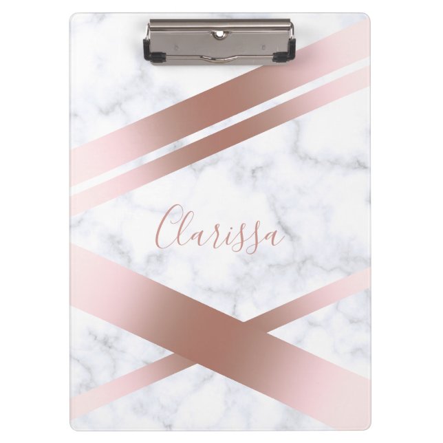 Elegant stylish girly rose gold white marble clipboard (Front)