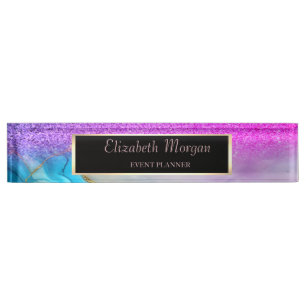 Elegant Stylish Glitter Bokeh,Violet Marble, Frame Desk Name Plate