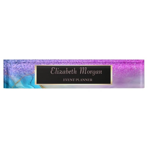 Elegant Stylish Glitter BokehViolet Marble Frame Desk Name Plate