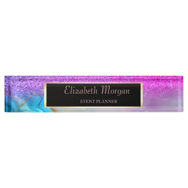 Elegant Stylish Glitter Bokeh,Violet Marble, Frame Desk Name Plate (Front)