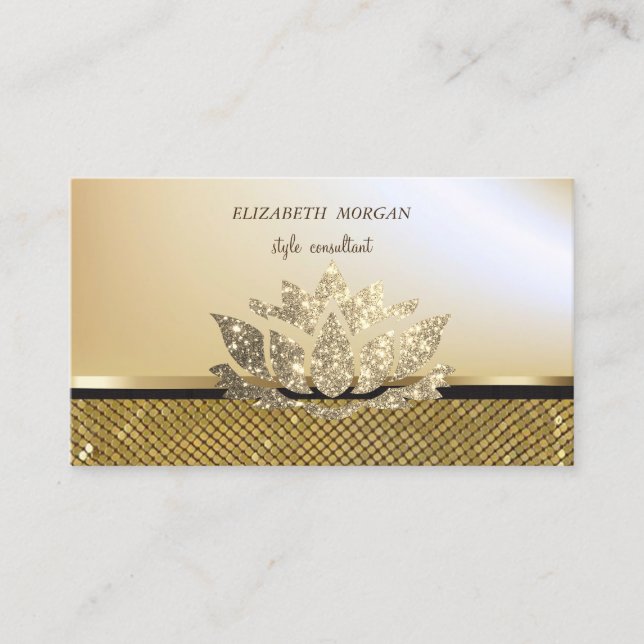 Elegant Stylish Glitter Lotus Gold Sequins Business Card (Front)