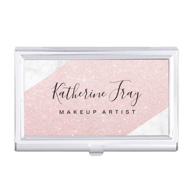 Elegant stylish glitter white marble makeup artist business card case (Front)