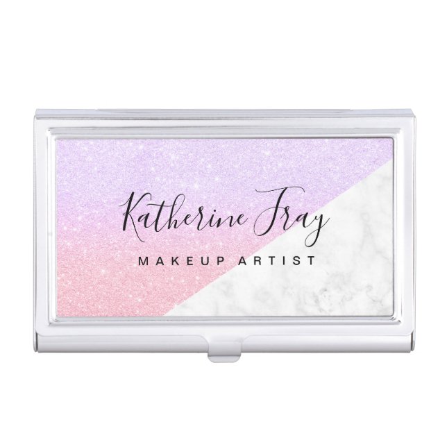 Elegant stylish glitter white marble makeup artist business card case (Front)