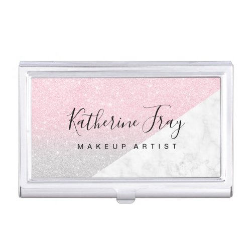 Elegant stylish glitter white marble makeup artist business card case
