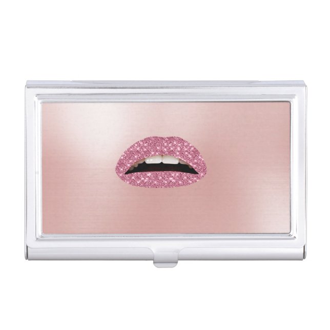 Elegant Stylish Glittery- Pink- Glittery Lips Business Card Holder (Front)