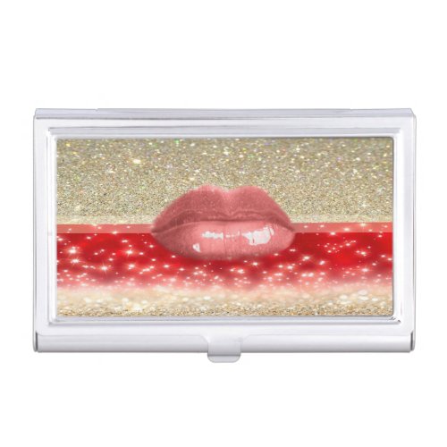 Elegant Stylish Glittery_ Red_Lips Business Card Case