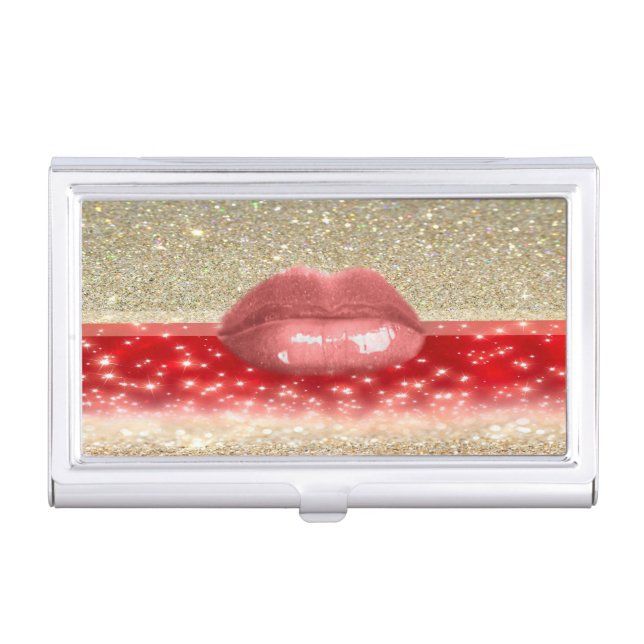 Elegant Stylish Glittery- Red-Lips Business Card Case (Front)