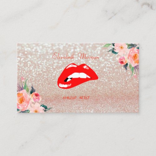 Elegant Stylish Glittery  Red Lips Flowers Business Card