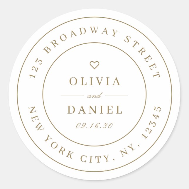 Elegant stylish gold couples return address classic round sticker (Front)