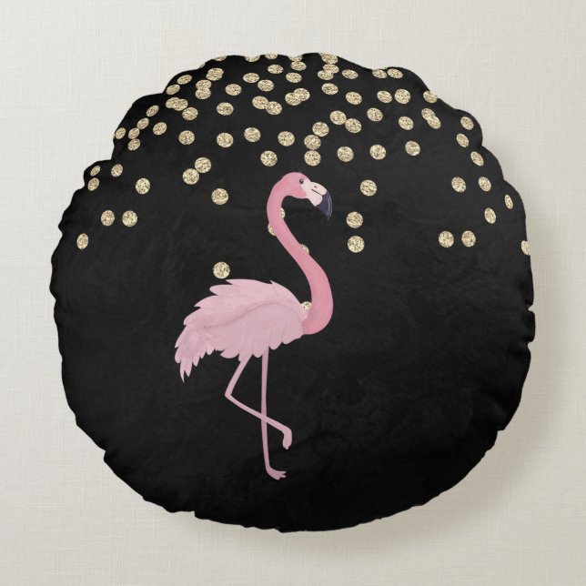 Elegant Stylish Gold Diamonds Pink Flamingos Round Pillow (Front)