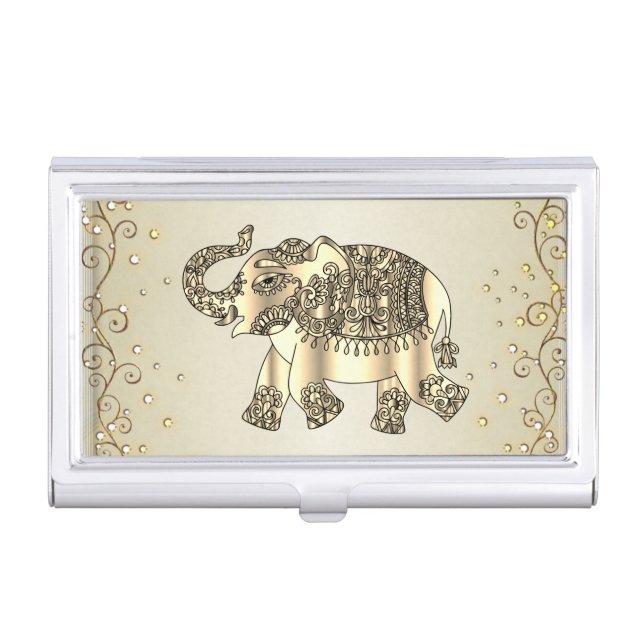 Elegant Stylish Gold Elephant, Paisley Business Card Case (Front)