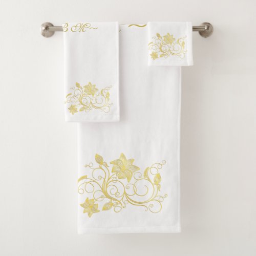 Elegant  Stylish Gold Filigree Flower on White Bath Towel Set